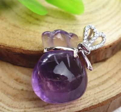 天然巴西A级紫水晶福袋 钱袋925纯银白金吊坠16X20